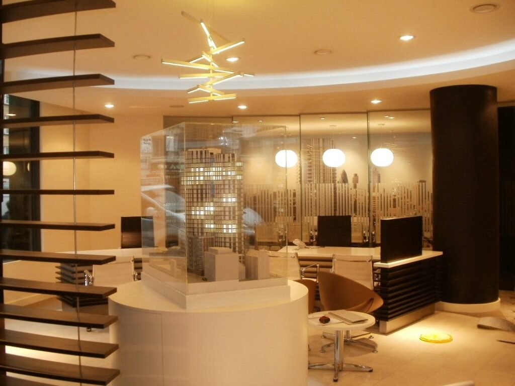 Marketing suite reception with bespoke feature lighting