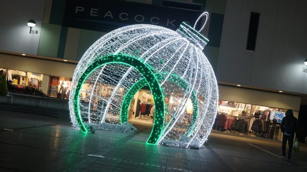 Walk-through bauble light arch installed at Edmonton Green