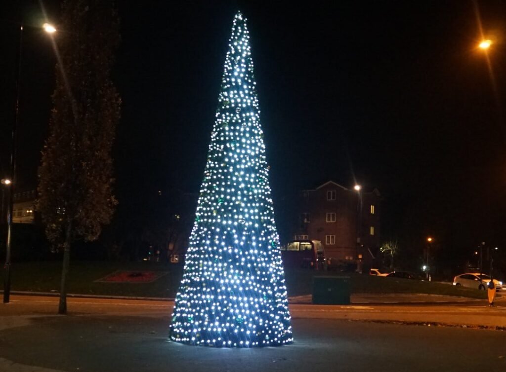 Illuminated Christmas tree at night