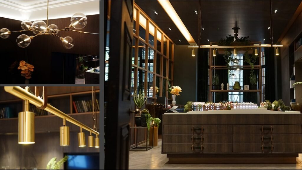 Marketing suite with linear pendant and shelf lighting